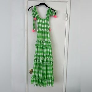 SUNDRESS | green gingham dress with pink pompoms